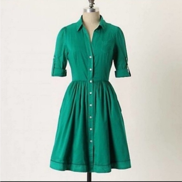 Anthro Moulin Sours 100% Cotton Kelly Green Button Down A-Line Shirt Dress - Picture 4 of 12
